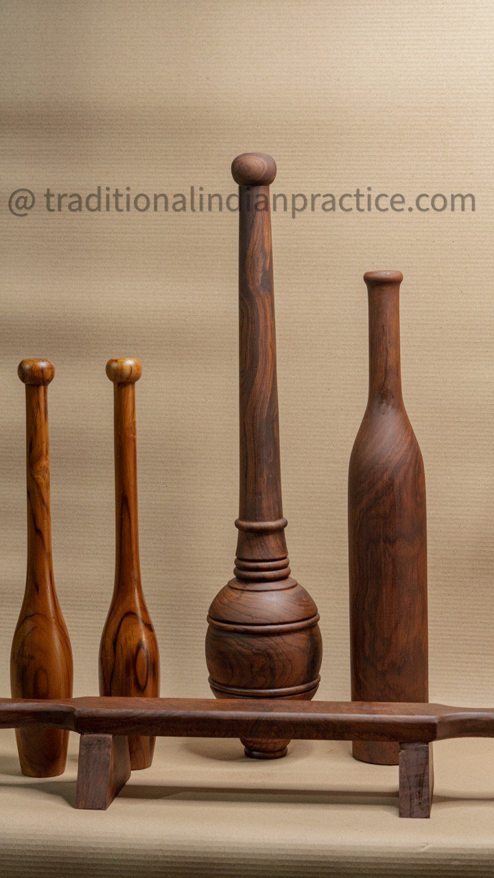 Beginners Indian practice set of Indian clubs, Mudgar, Gada, Shena push-up board.